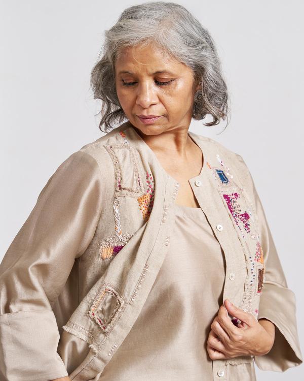 Beige Top and Pant Set with Slip