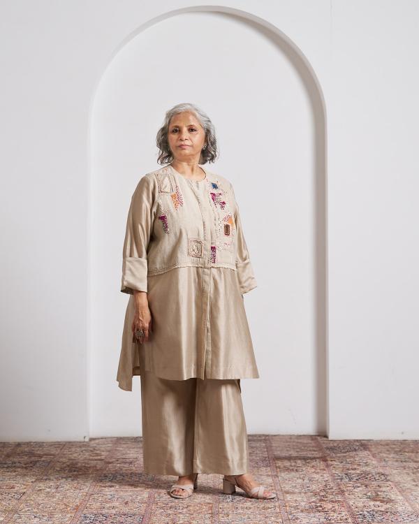 Beige Top and Pant Set with Slip