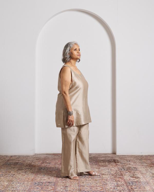 Beige Top and Pant Set with Slip