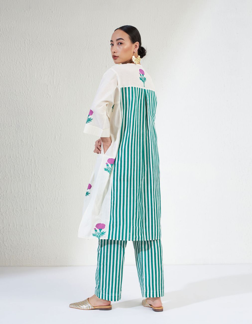 White Block Print Green Stripe Pants Tara Set