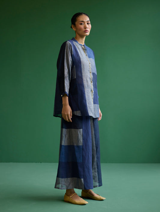 Izara Metallic Linen Co-ord Set - Navy