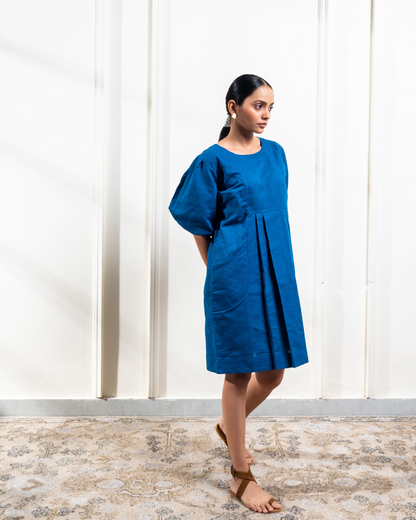 Linen Balloon Sleeve Dress Cobalt Blue