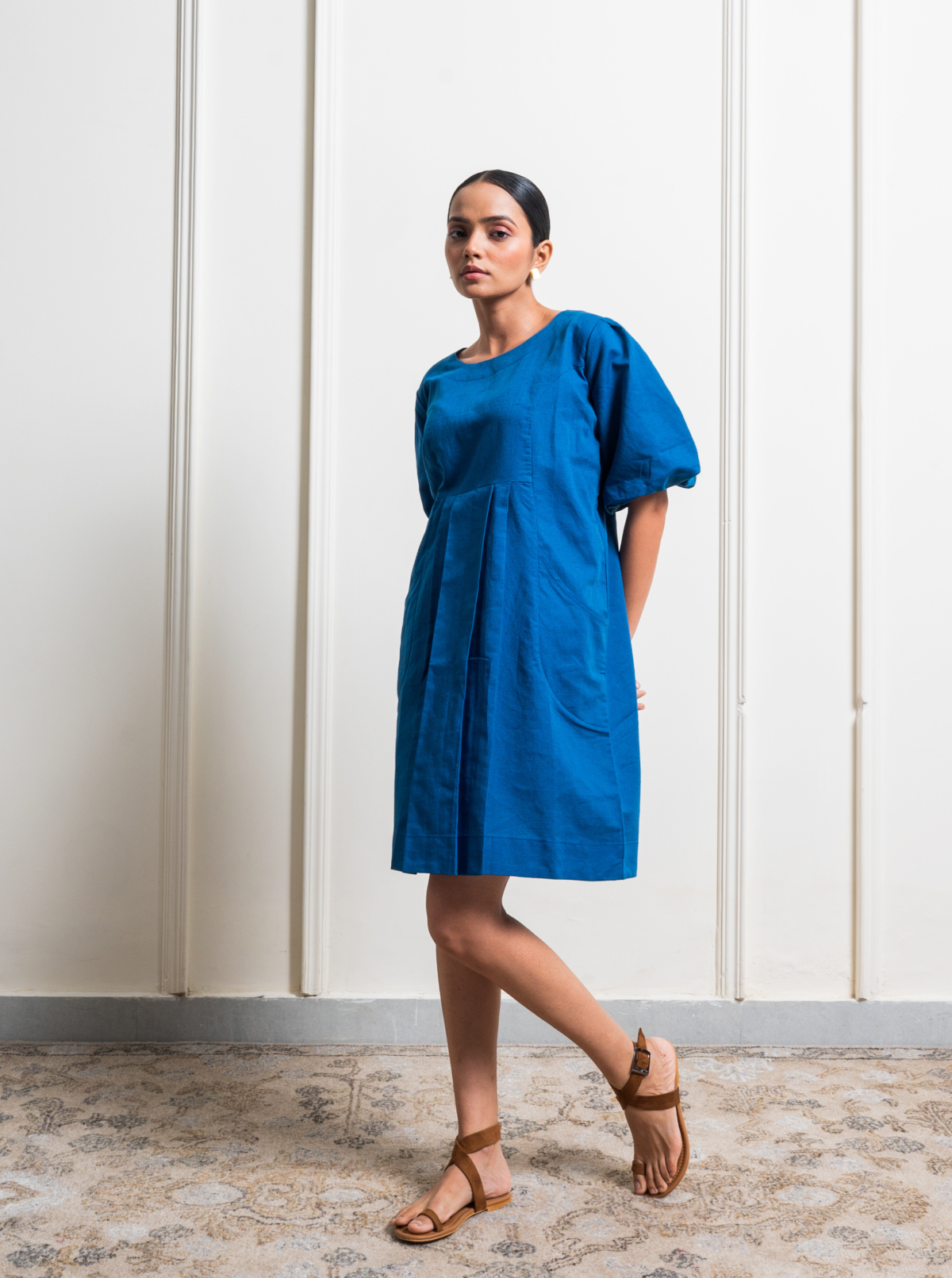 Linen Balloon Sleeve Dress Cobalt Blue