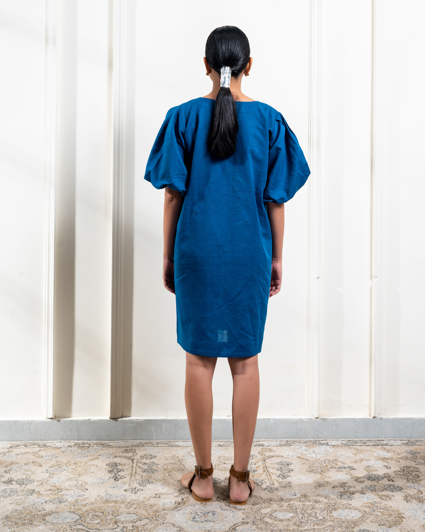 Linen Balloon Sleeve Dress Cobalt Blue