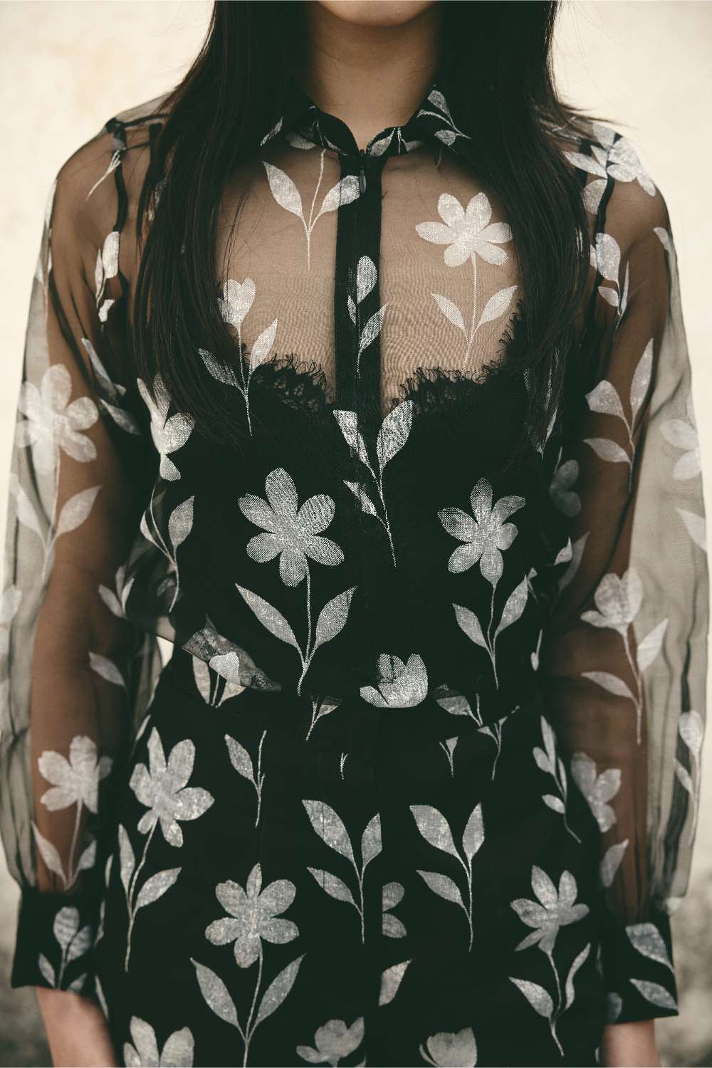 AN Foral Organza Shirt Set - Black