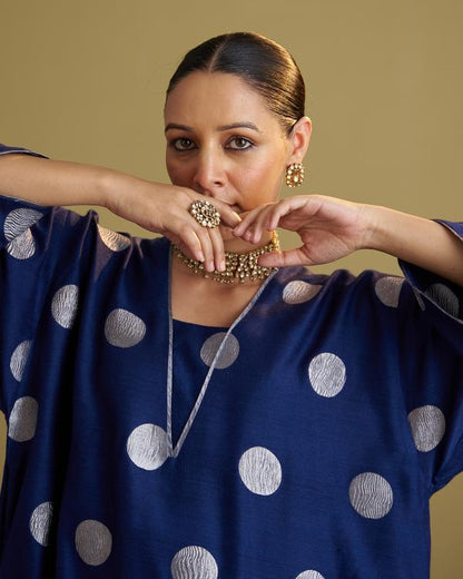 The Ink Blue Polka Banarasi Muga Silk Set