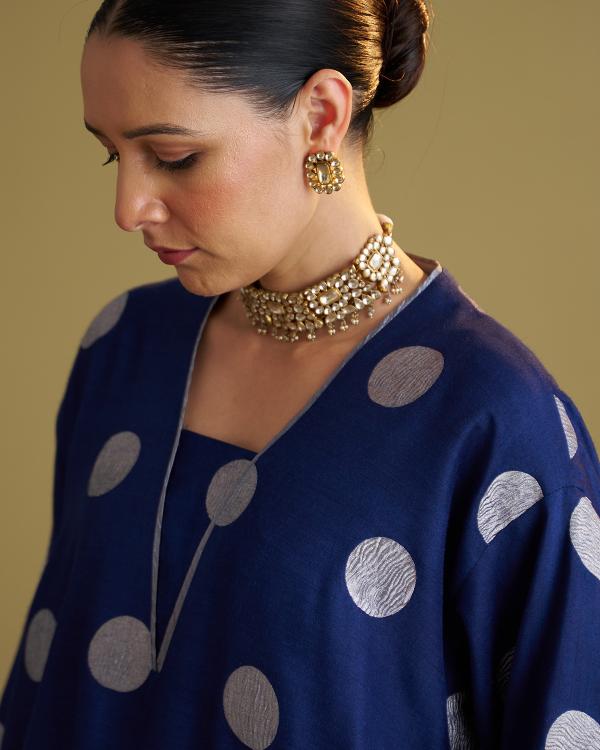 The Ink Blue Polka Banarasi Muga Silk Set