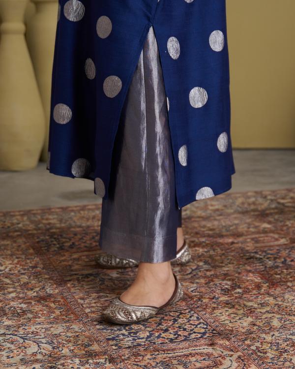 The Ink Blue Polka Banarasi Muga Silk Set