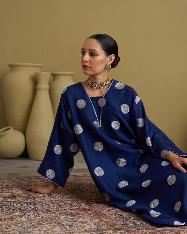 The Ink Blue Polka Banarasi Muga Silk Set