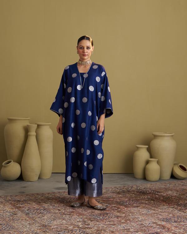 The Ink Blue Polka Banarasi Muga Silk Set