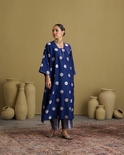 The Ink Blue Polka Banarasi Muga Silk Set