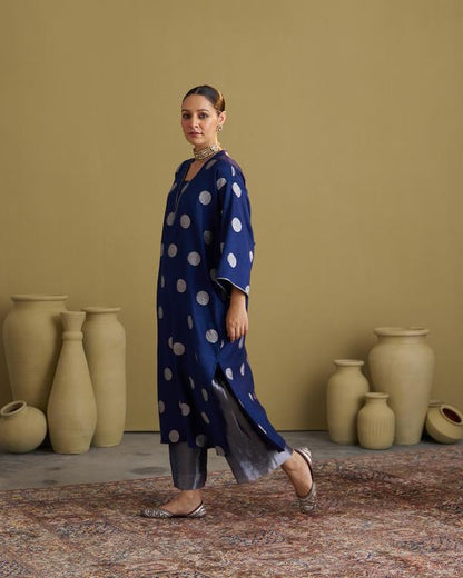 The Ink Blue Polka Banarasi Muga Silk Set
