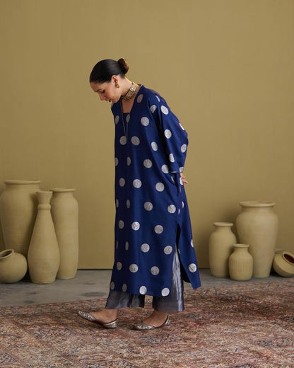 The Ink Blue Polka Banarasi Muga Silk Set