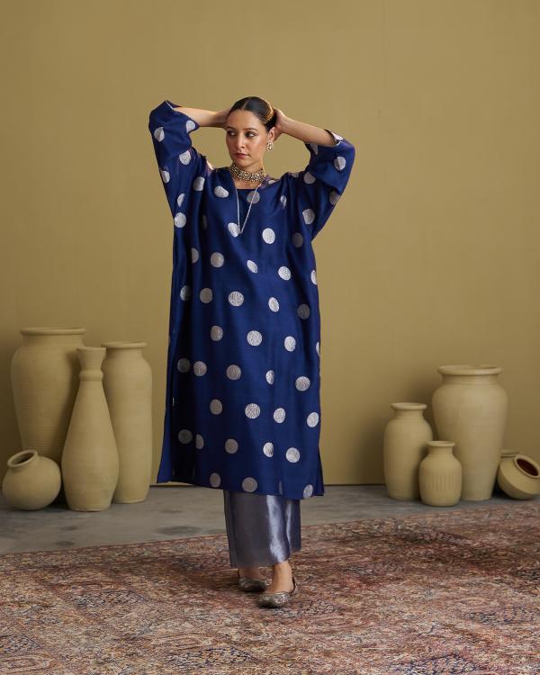 The Ink Blue Polka Banarasi Muga Silk Set