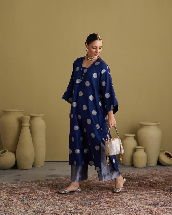 The Ink Blue Polka Banarasi Muga Silk Set