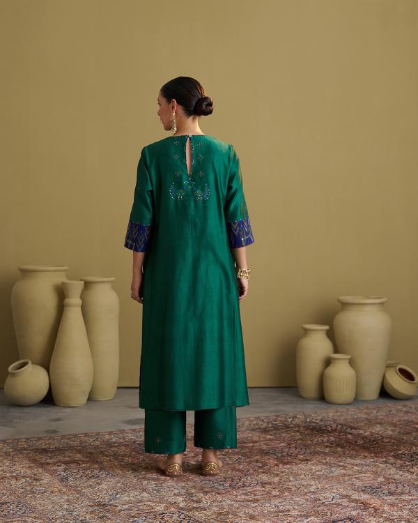 The Green Morni Silk Chanderi & Muga Silk Set with Handwork