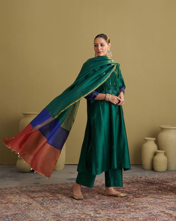The Green Morni Silk Chanderi & Muga Silk Set with Handwork