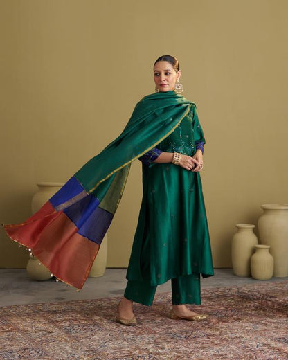 The Green Morni Silk Chanderi & Muga Silk Set with Handwork