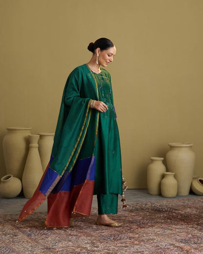 The Green Morni Silk Chanderi & Muga Silk Set with Handwork