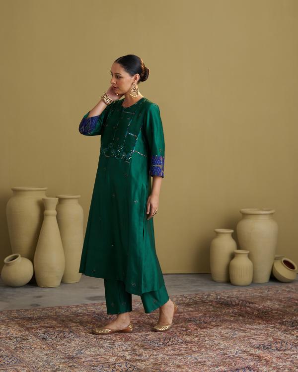 The Green Morni Silk Chanderi & Muga Silk Set with Handwork
