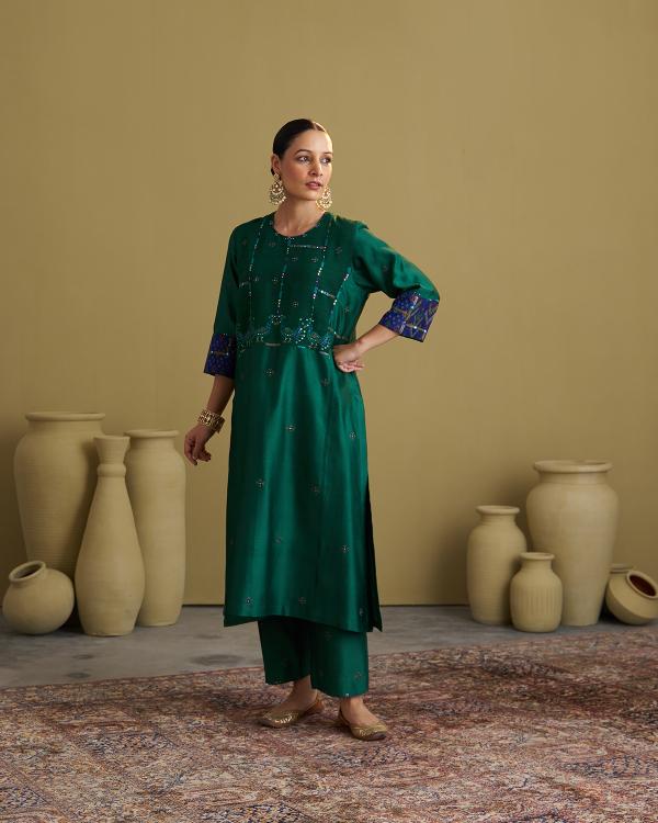 The Green Morni Silk Chanderi & Muga Silk Set with Handwork