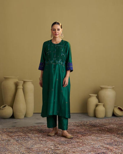 The Green Morni Silk Chanderi & Muga Silk Set with Handwork