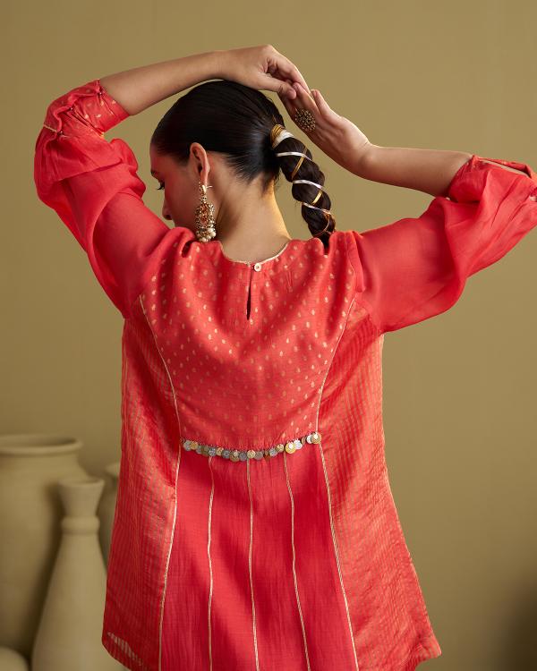 Red Silk Chanderi & Banarasi Top with Handwork