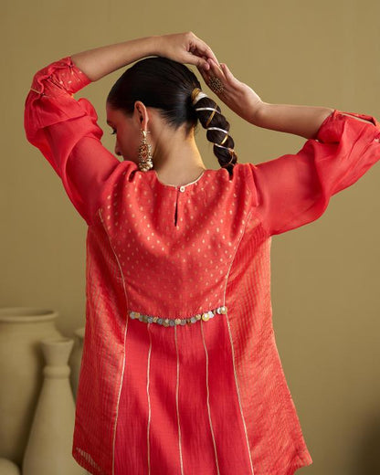 Red Silk Chanderi & Banarasi Top with Handwork