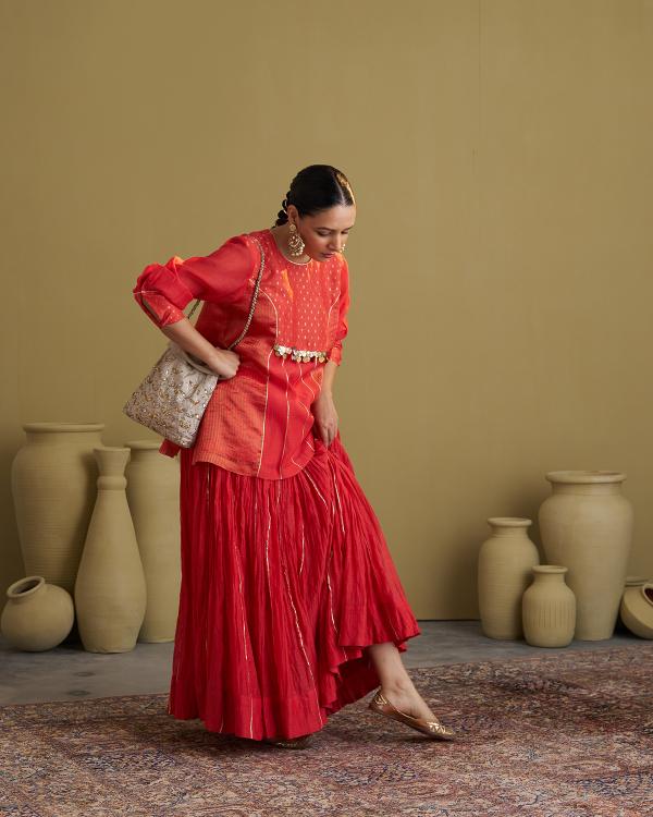 Red Mul Chanderi Crushed Lehenga with Gota & Handmade Tassels