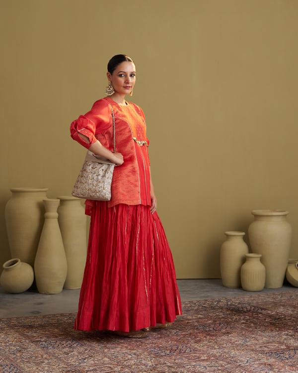 Red Mul Chanderi Crushed Lehenga with Gota & Handmade Tassels
