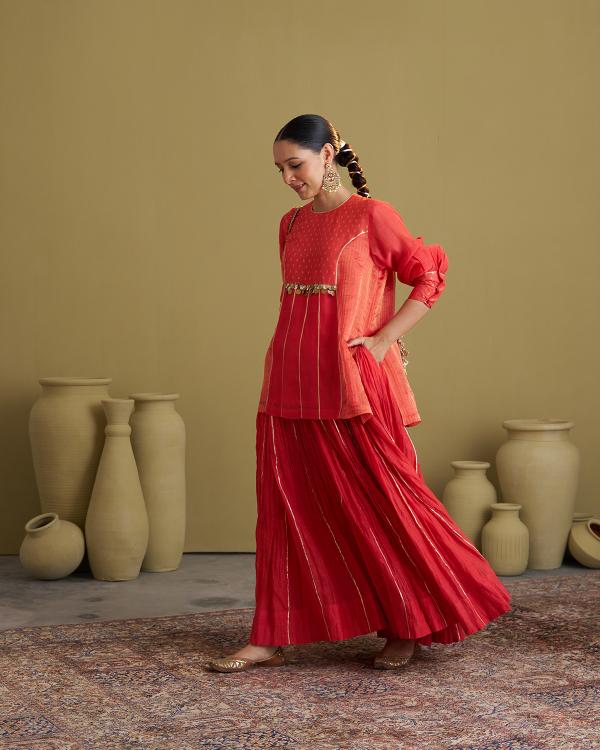 Red Mul Chanderi Crushed Lehenga with Gota & Handmade Tassels