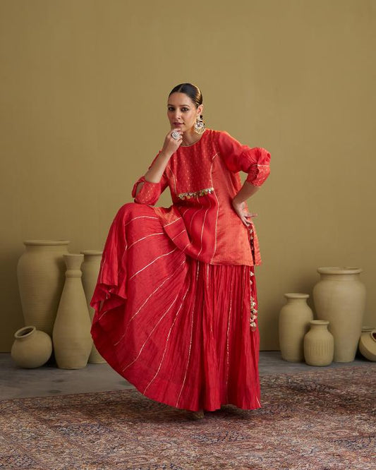 Red Mul Chanderi Crushed Lehenga with Gota & Handmade Tassels