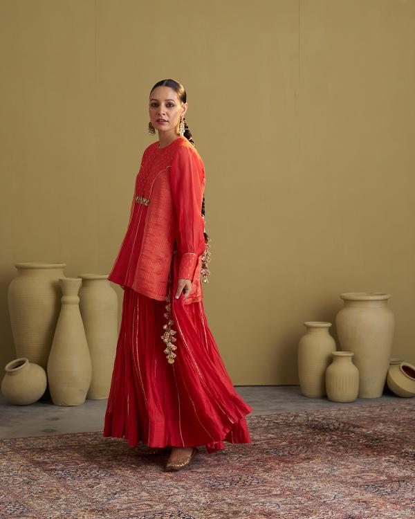 Red Mul Chanderi Crushed Lehenga with Gota & Handmade Tassels