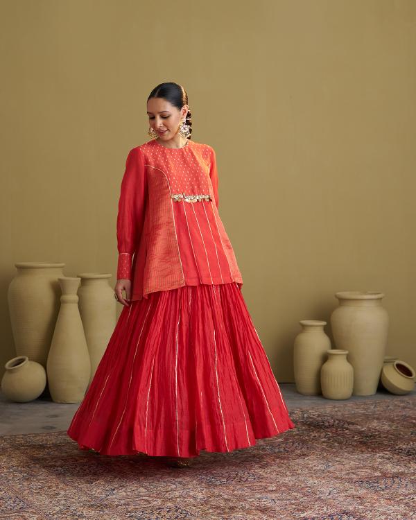 Red Mul Chanderi Crushed Lehenga with Gota & Handmade Tassels