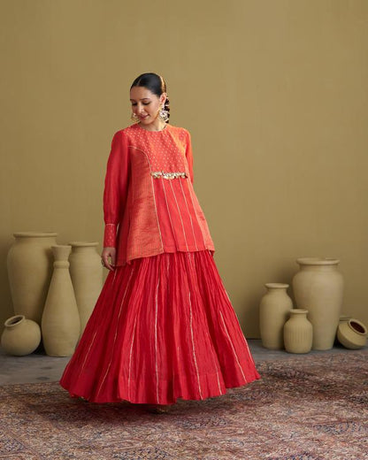 Red Mul Chanderi Crushed Lehenga with Gota & Handmade Tassels