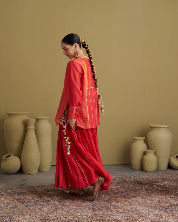 Red Mul Chanderi Crushed Lehenga with Gota & Handmade Tassels