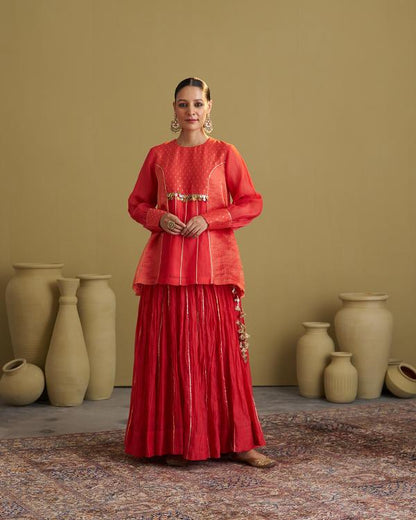 Red Silk Chanderi & Banarasi Top with Handwork