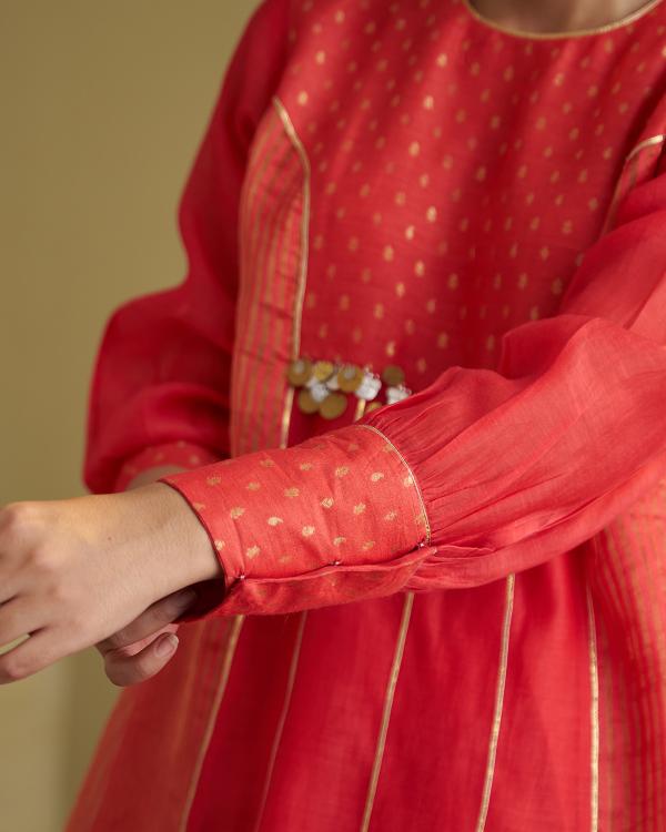 Red Silk Chanderi & Banarasi Top with Handwork