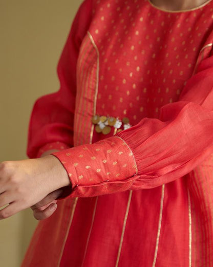 Red Silk Chanderi & Banarasi Top with Handwork