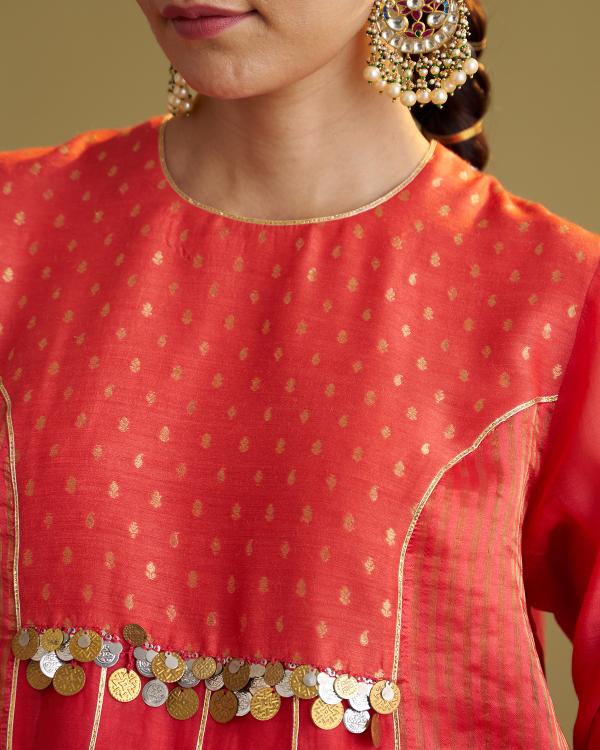 Red Silk Chanderi & Banarasi Top with Handwork