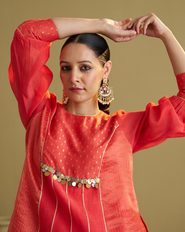 Red Silk Chanderi & Banarasi Top with Handwork