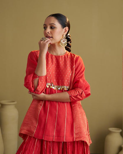 Red Silk Chanderi & Banarasi Top with Handwork