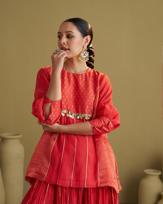 Red Silk Chanderi & Banarasi Top with Handwork