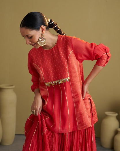 Red Silk Chanderi & Banarasi Top with Handwork