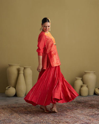 Red Silk Chanderi & Banarasi Top with Handwork