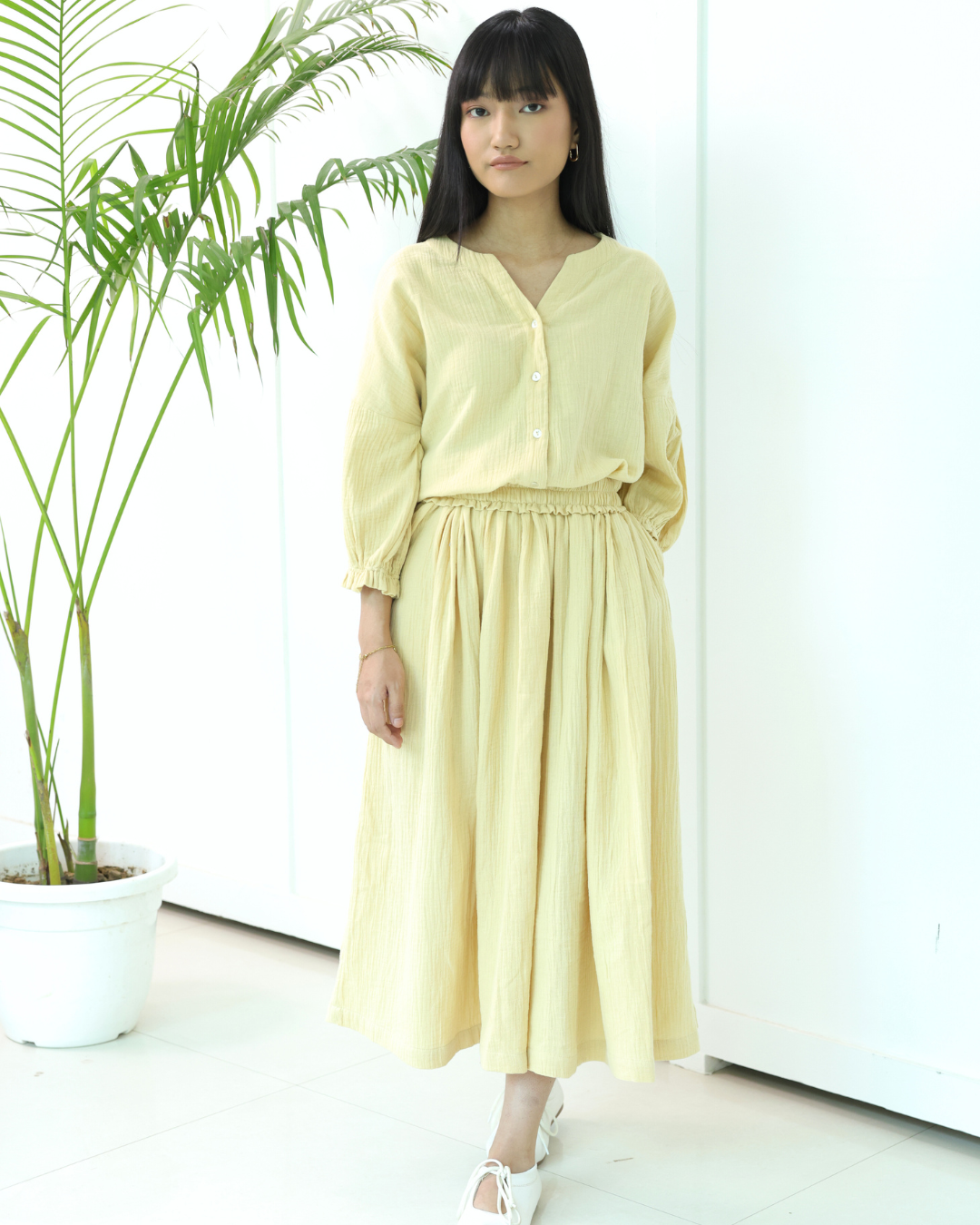 Daichi Organic Wrinkle Cotton Skirt & Top Set Cream