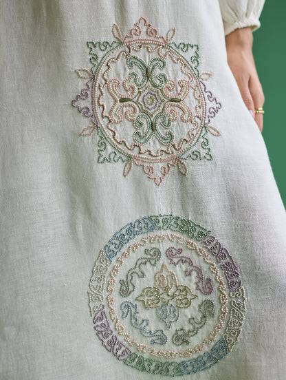Eira Hand-Embroidered Linen Dress - Ivory