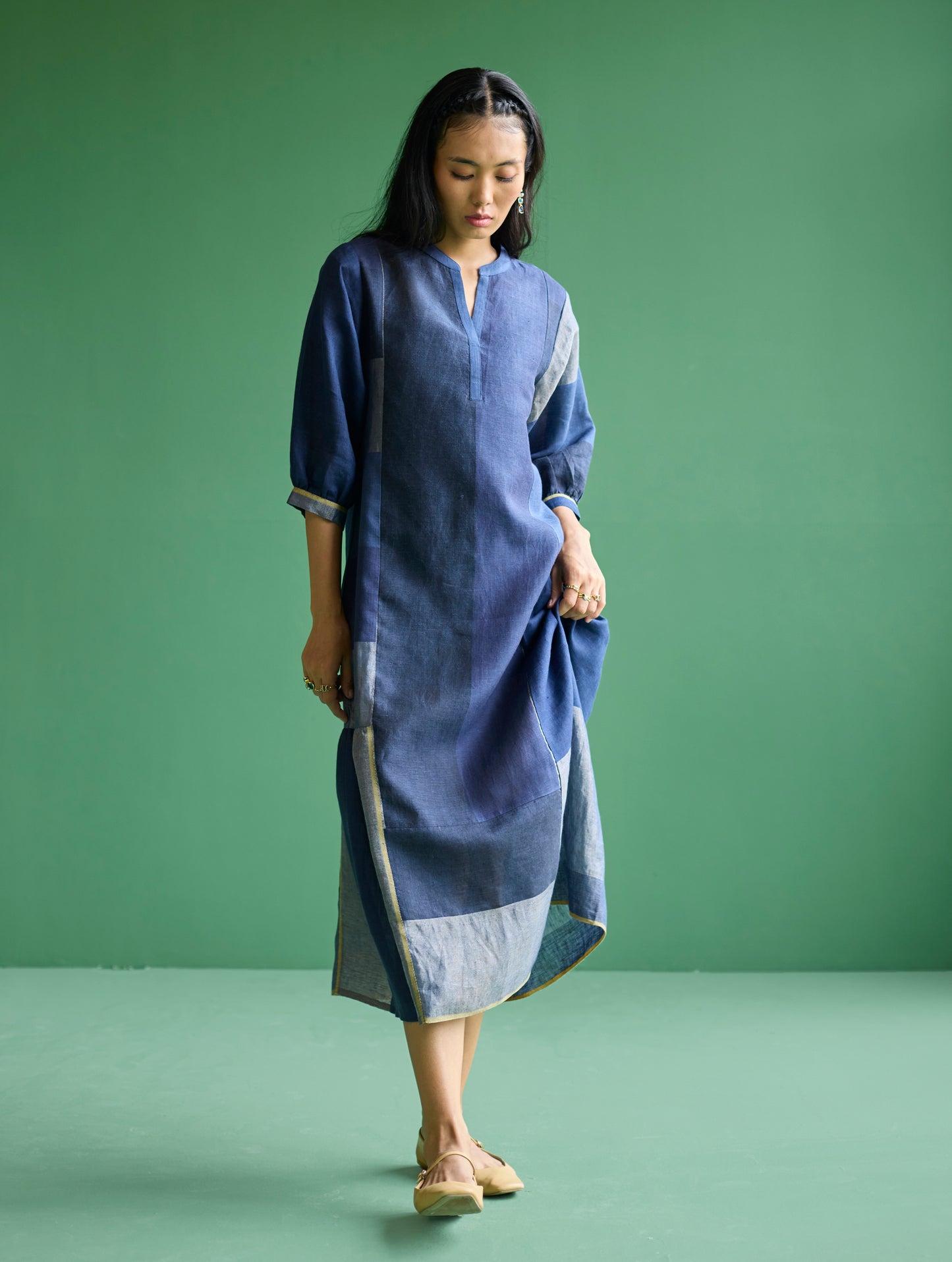 Nura Metallic Linen Paneled Dress - Navy