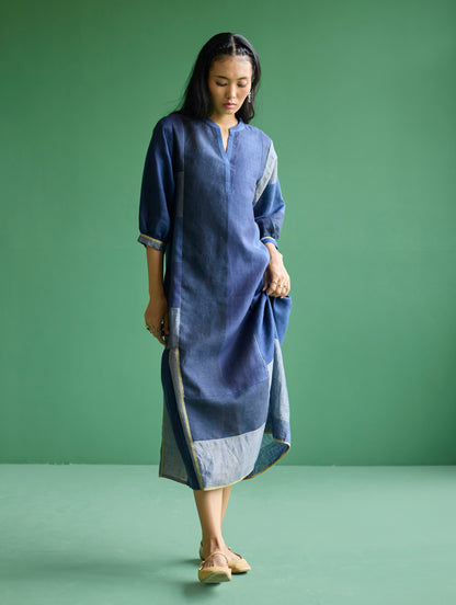 Nura Metallic Linen Paneled Dress - Navy