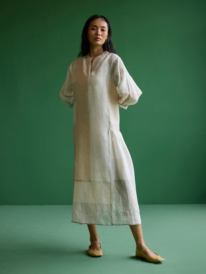 Nura Metallic Linen Paneled Dress - Ivory